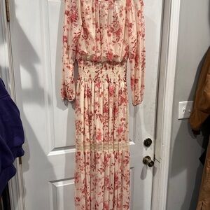 Joyfolie, MiaJoy Floral Long Sleeve Smocked Waist Maxi Dress - Pink Floral